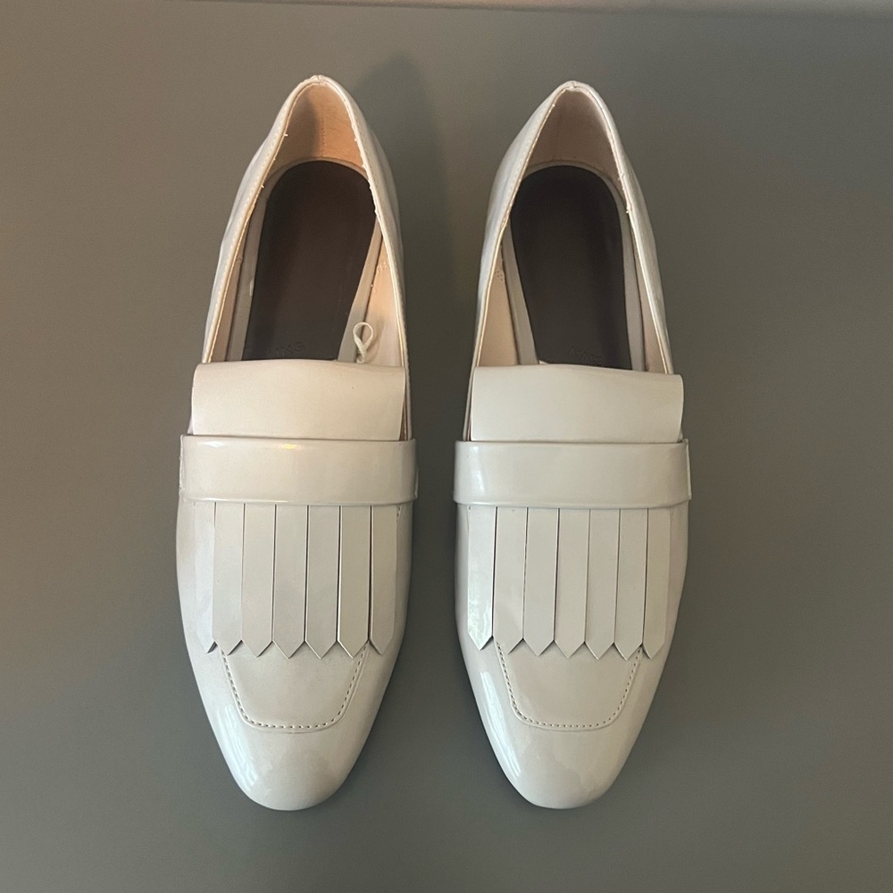 Mango Patent Taupe Gray Grey Fringe Loafers